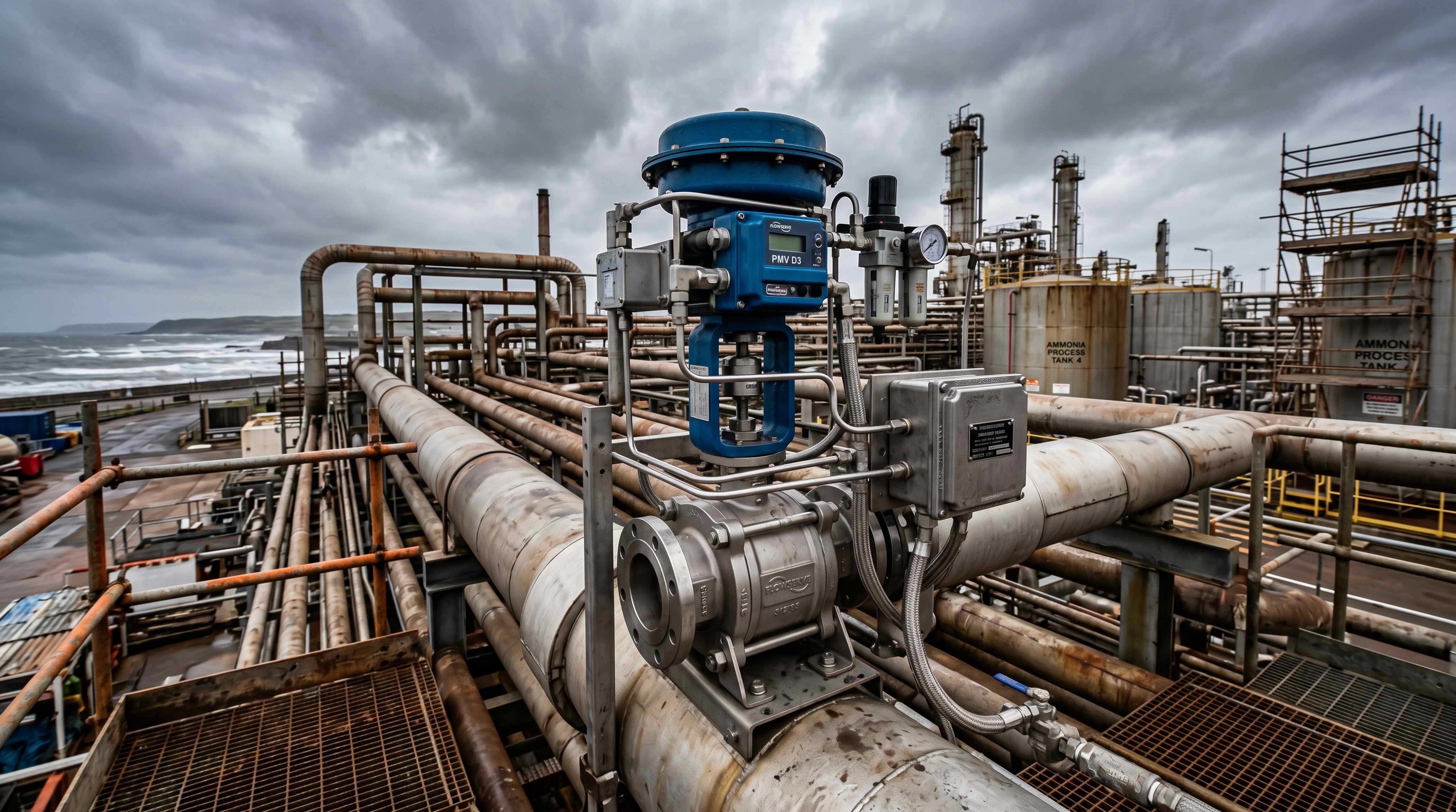 Outdoor pneumatic valve automation package installed in a harsh industrial process environment with actuator, positioner and air preparation components